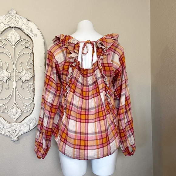 Free People | Womens Pink/Orange Plaid Ruffle Long Sleeve Smock Tie Back Top - Picture 7 of 10